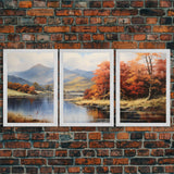 Fall Centerpiece Decor, Framed Canvas Prints, Autumn Landscape Paintings, 3 Piece Art, Triptych