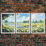 Beautiful Spring Meadow Landscape Painting 3 Piece Set, Spring Centerpiece Art, Original Oil Painting Wall Art, Minimalist Whimsical Decor