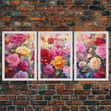 Roses, Flower Wall Art, Floral Print, Canvas Print, Set Of 3 Prints, Wall Art, 3 Piece Wall Art, Southern Decor, Living Room Wall Art