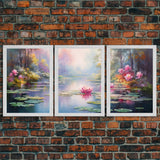 The Lilly Pads, Framed Canvas Prints, 3 Piece Art, Beautiful Pond Painting, Centerpiece Art, Nature / Landscape Painting