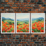 The Poppy Fields, Beautiful Red Flowers, Wildflower Art, Framed Canvas Prints, 3 Piece Set, Triptych, Wall Art, Botanical Art, Boho Decor