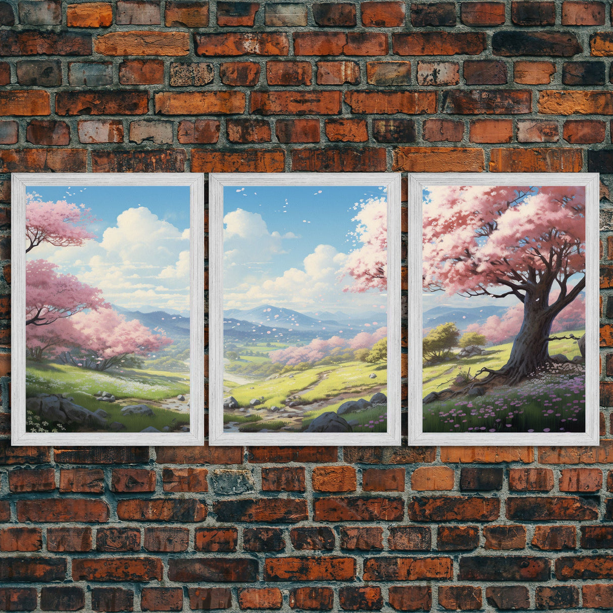 Cherry Blossom Art, Landscape Print, Mountain Wall Art, Canvas Print, Set Of 3 Prints, Wall Art, 3 Piece Wall Art, Country Home Decor