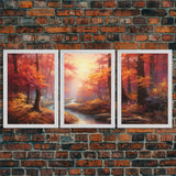 Beautiful Fall Centerpiece Art, Framed Canvas Print, 3 Piece Art, Thanksgiving Centerpiece, Above Sofa Art, Fall Finds, Landscape Painting