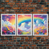 Rainbow Wall Art, Floral Print, Meadow Art , Canvas Print, Set Of 3 Prints, Wall Art, 3 Piece Wall Art, Nursery Print, Kids Wall Art