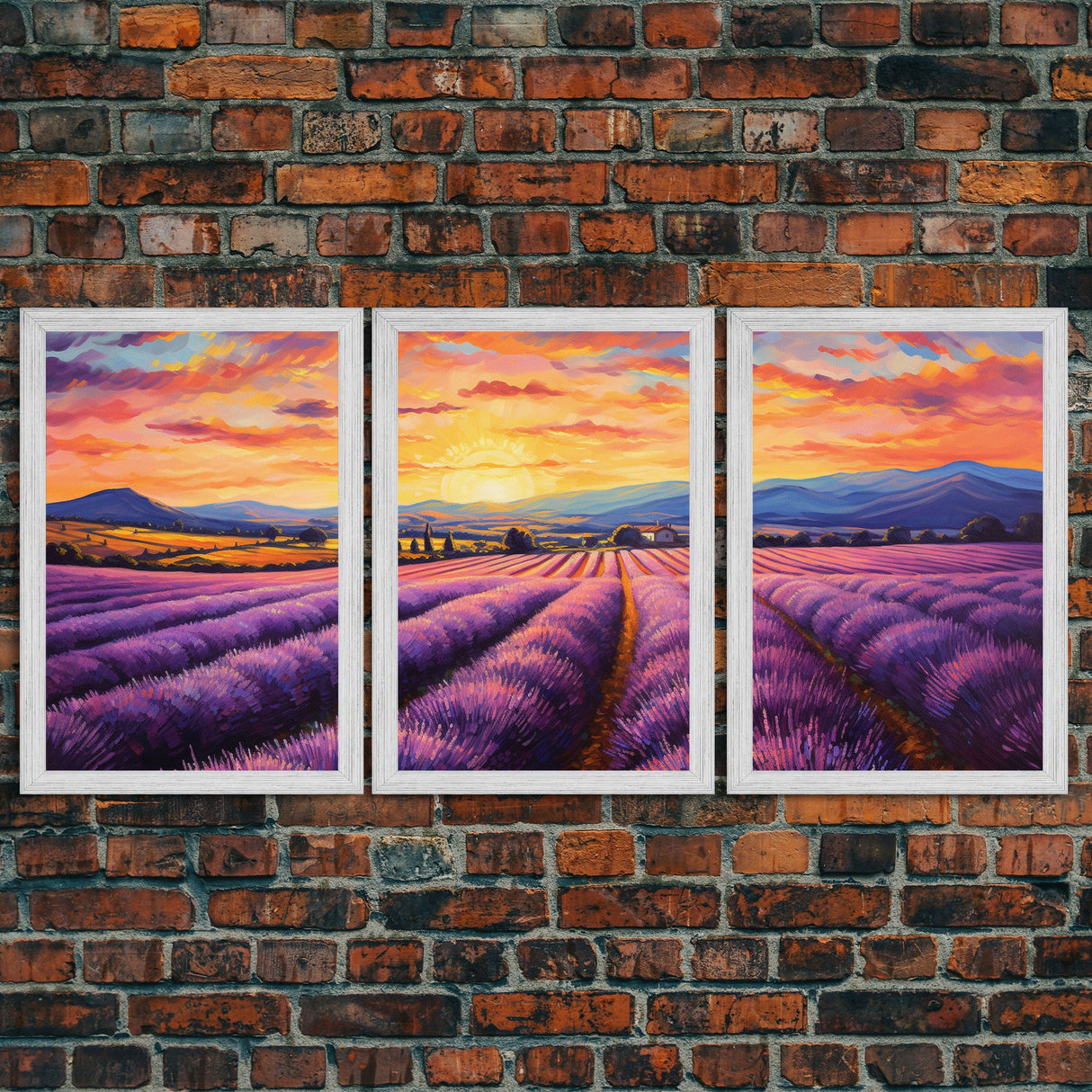 Purple Lavender Fields, 3 Piece Wall Art, Framed Canvas Print, Beautiful Original Landscape Painting, Sunset Painting, Farmhouse Decor