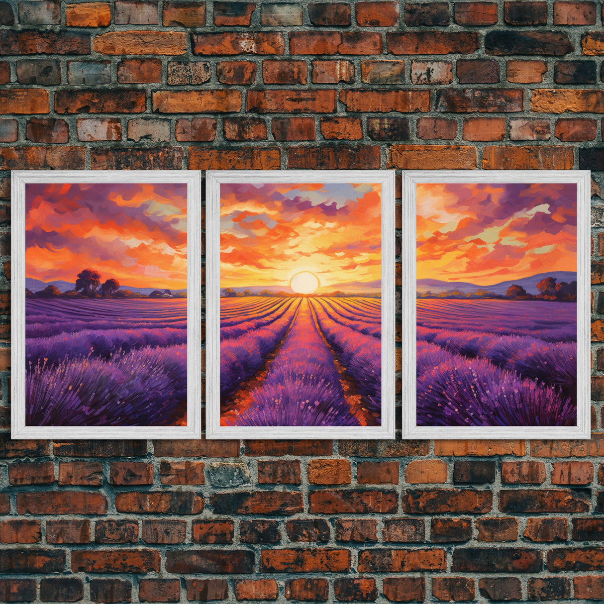 Purple Lavender Fields, 3 Piece Wall Art, Framed Canvas Print, Beautiful Original Landscape Painting, Sunset Painting, Farmhouse Decor