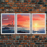 Sunset Wall Art, Light House Decor, Ocean Art Print, Canvas Print, Wall Art, 3 Piece Wall Art, Nautical Print, Seascape Art Print, Cozy Gift