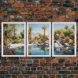 Desert Wall Art, Palm Trees Art, Oasis Print, Lake Art, Canvas Print, Wall Art, 3 Piece Wall Art, Thank You Gift, Above Bed Art, Travel Art