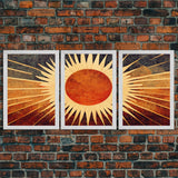 Abstract Midcentury Modern Sunburst, Art Deco Style art, sun with rays, sun burst, boho style, 3 Piece Wall Art, Ready To Hang Canvas Print