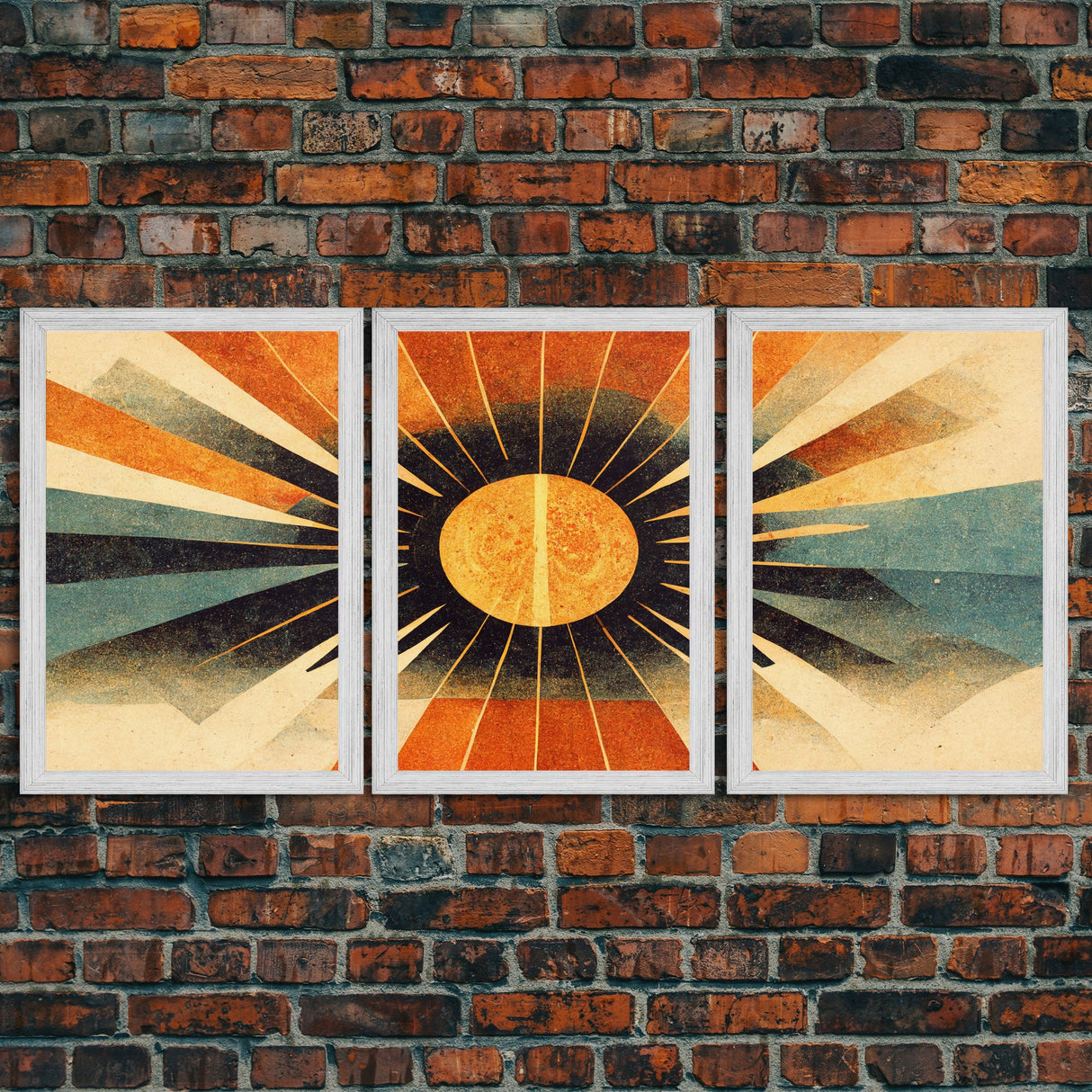 Abstract Midcentury Modern Sunburst, Art Deco Style art, sun with rays, sun burst, boho style, 3 Piece Wall Art, Ready To Hang Canvas Print