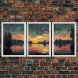 Lakehouse Canvas Print, watercolor painting of a sunset reflected on a lake, 3 Piece Wall Art, Ready To Hang Canvas Print