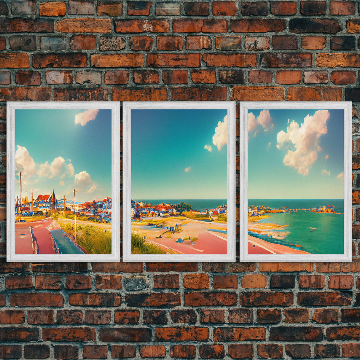 Italian Seaside Village, Cool Beach House Art, Lakehouse Wall Decor, 3 Piece Canvas Decor, 3 Piece Wall Art, Ready To Hang Canvas Prints