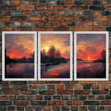 Forest Sunset Wall Decor, Oil Painting Style, 3 Piece Wall Art, Ready To Hang Canvas Print, Cool Unique Living Room Wall Art Decor