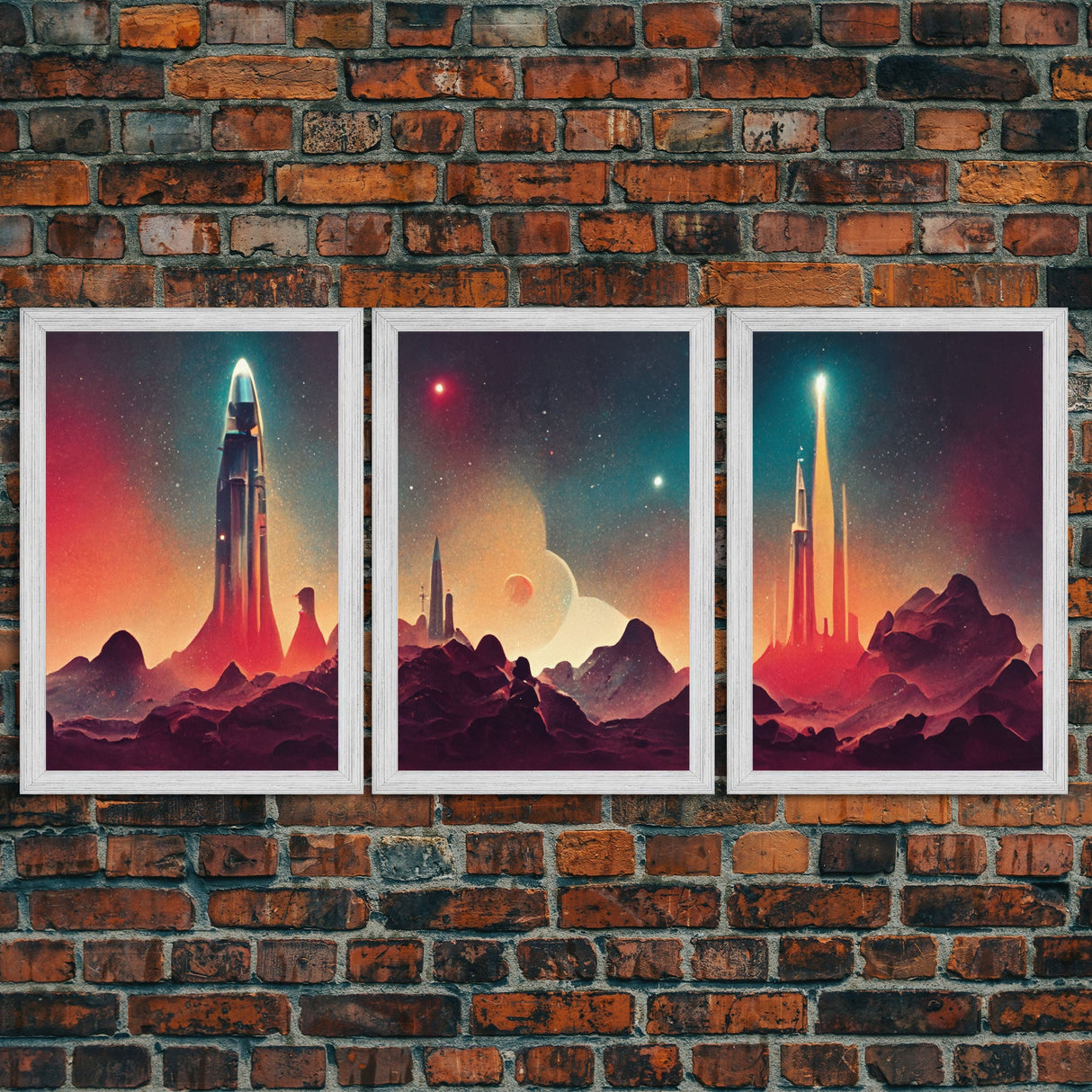 Art Deco Scifi Art, Science Fiction Space Ships, 3 Piece Wall Art, Ready To Hang Canvas Print, Cool Unique Mancave wall Art Decor