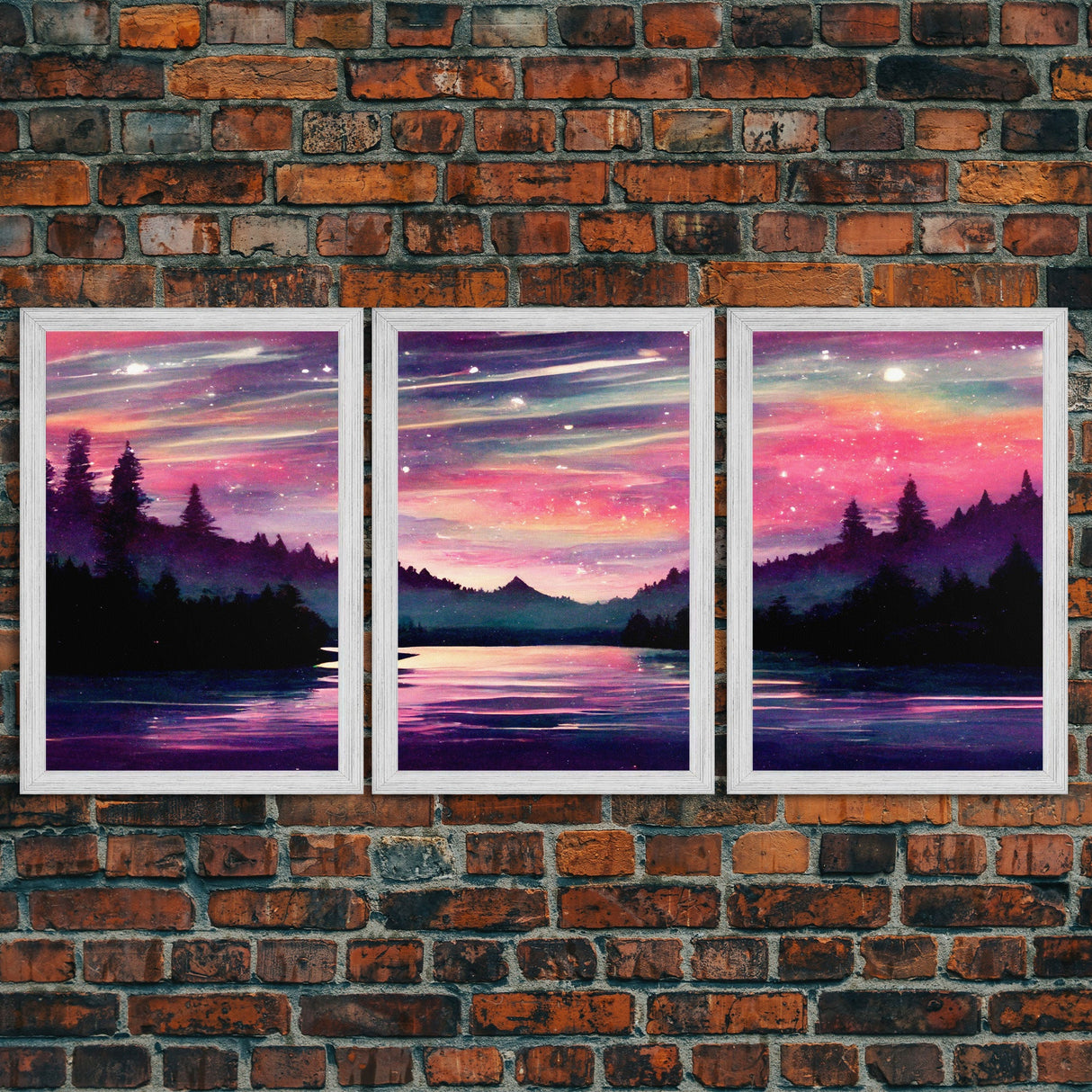 Starry Night Magical Forest Fantasy Landscape, 3 Piece Wall Art, Ready To Hang Canvas Print, Cool Living Room Wall Art Decor