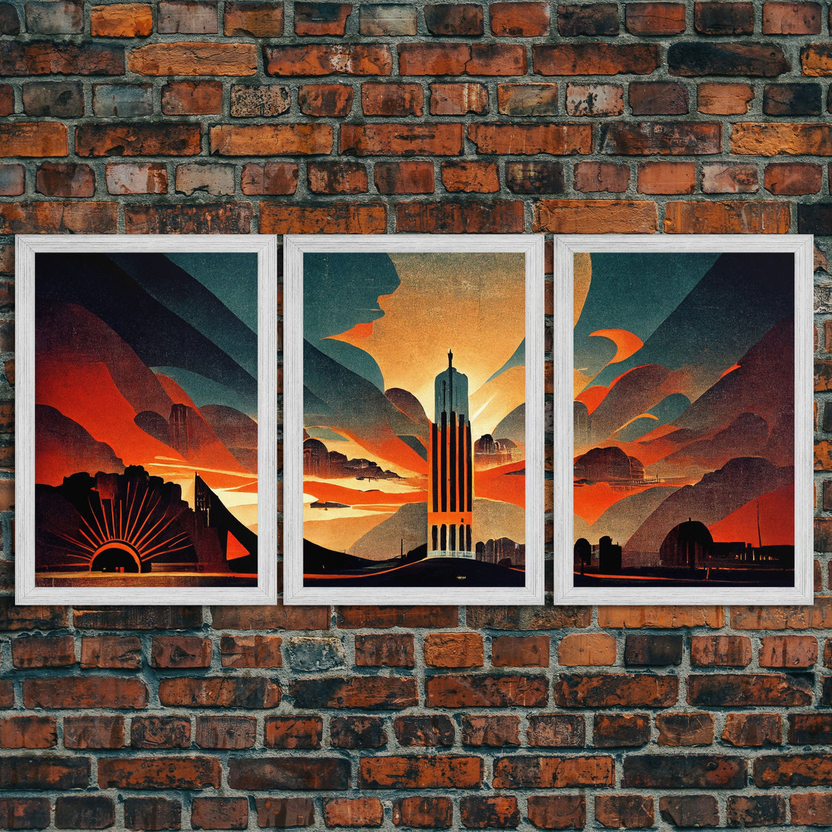 Art Deco Brutalist Architecture, Dystopian, 3 Piece Wall Art, Ready To Hang Canvas Print, Beautiful Living Room Wall Art Decor