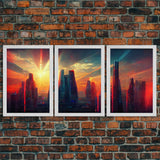 Cyberpunk City At Sunset, Futuristic, 3 Piece Wall Art, Ready To Hang Canvas Print, Cool Living Room Wall Art Decor