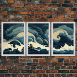 Retro Japanese Style Wave Art, A Storm Torrent, 3 Piece Wall Art, Ready To Hang Canvas Print