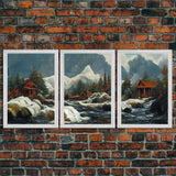 A Winter Landscape, Trees In The Fall, Snow Capped Mountains, Gold Rush Prospecting, 3 Piece Wall Art, Ready To Hang Canvas Print