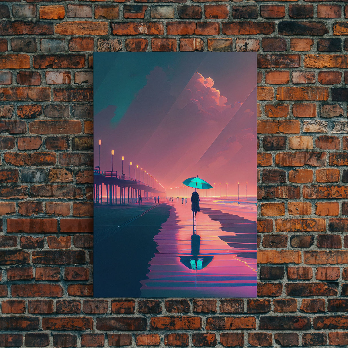 Synthwave Art, Neon / Pastel Beach Boardwalk, framed canvas print, vintage 80s style art