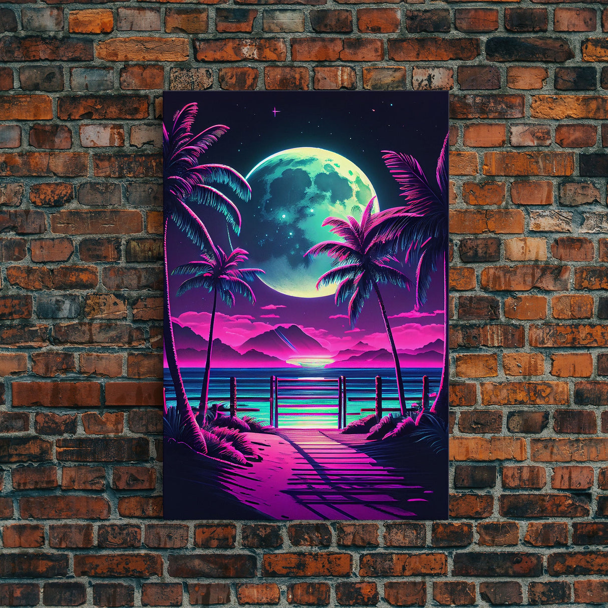 Full Moon over a Florida Beach, Palm Trees, Outrun Style Beach Landscape art, framed canvas Print