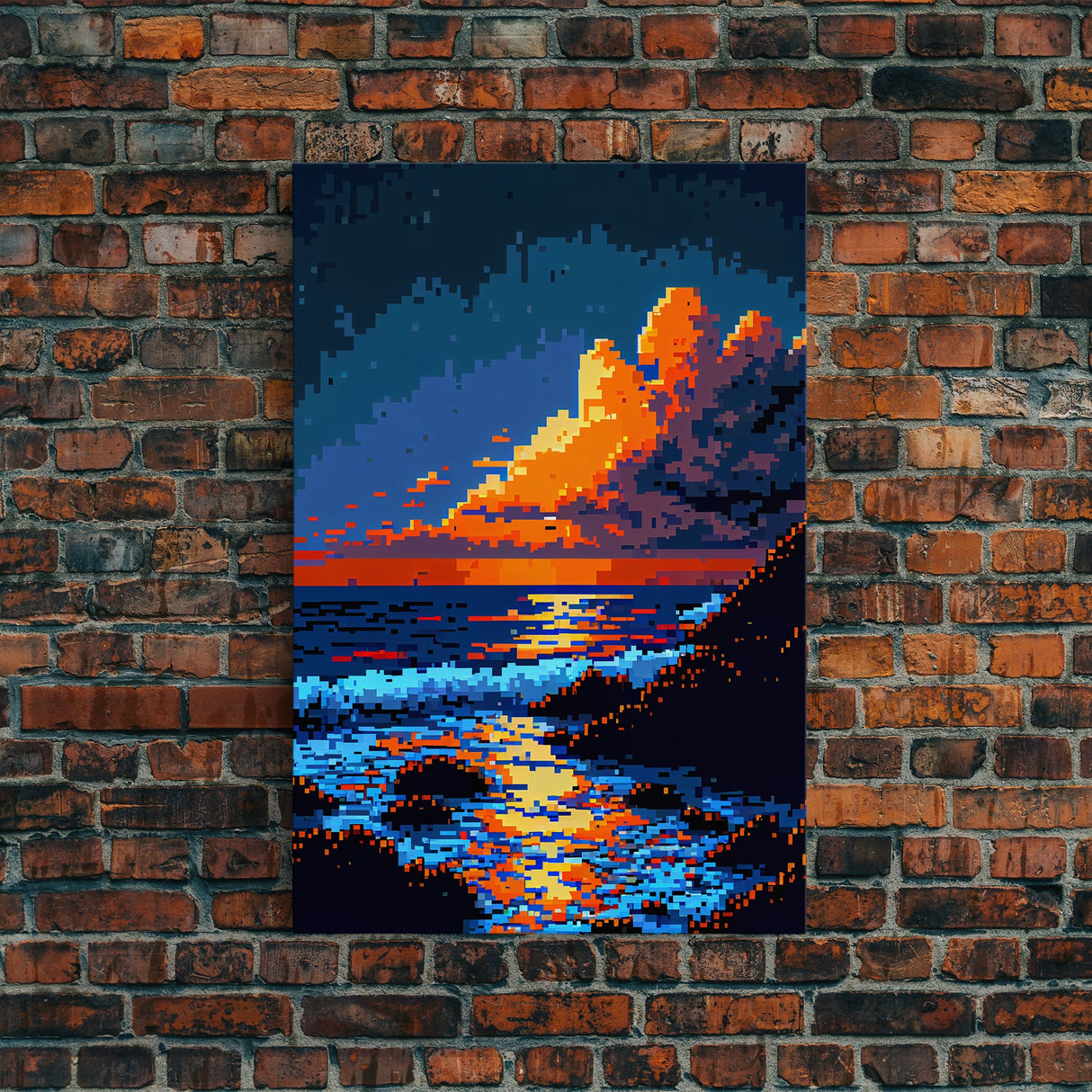 Pixel Art Sunset obscured by clouds, framed canvas print, 8 bit art