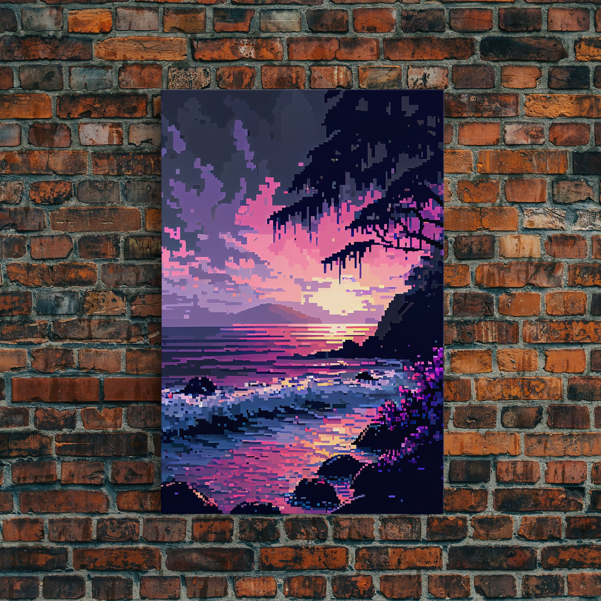 Pink Sunset, Vaporwave Aesthetic pixel art beach sunset, framed canvas print