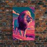 Retro style pastel art, watercolor painting of a lion, framed canvas print, vaporwave aesthetic animal print