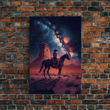 Cowboy contemplating the stars, framed canvas print, wild west art, western decor