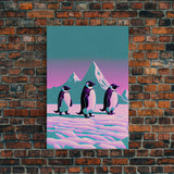 Retrowave Penguins in the Arctic, synthwave style wall art, Antarctica art, framed canvas print, cute animal prints