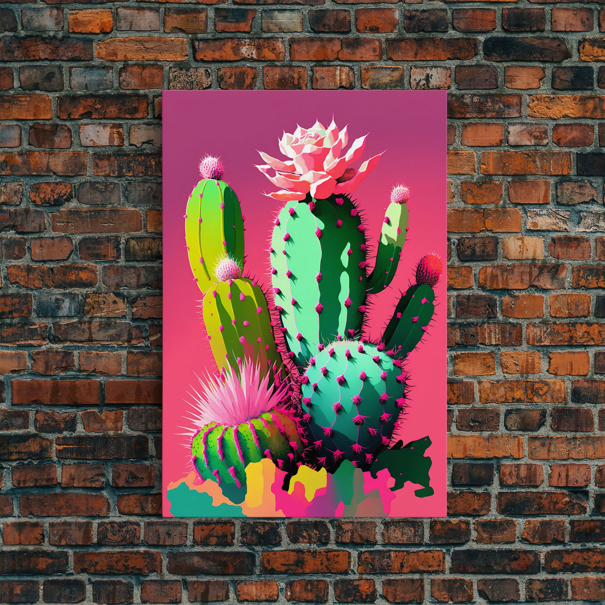 Cactus Art, Pop Art Style, Framed Canvas Print, Pueblo Style Midwest Decor, Western Art, Primitive Style Wall Art