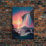 A Mythical Waterfall and Rainbow pouring Into the ocean blue at sunset, framed canvas print