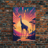 Retro Style Pop Art Giraffe Art, Synthwave Line Art, Framed Canvas Print, 80s Style Art, Outrun Style Animal Prints