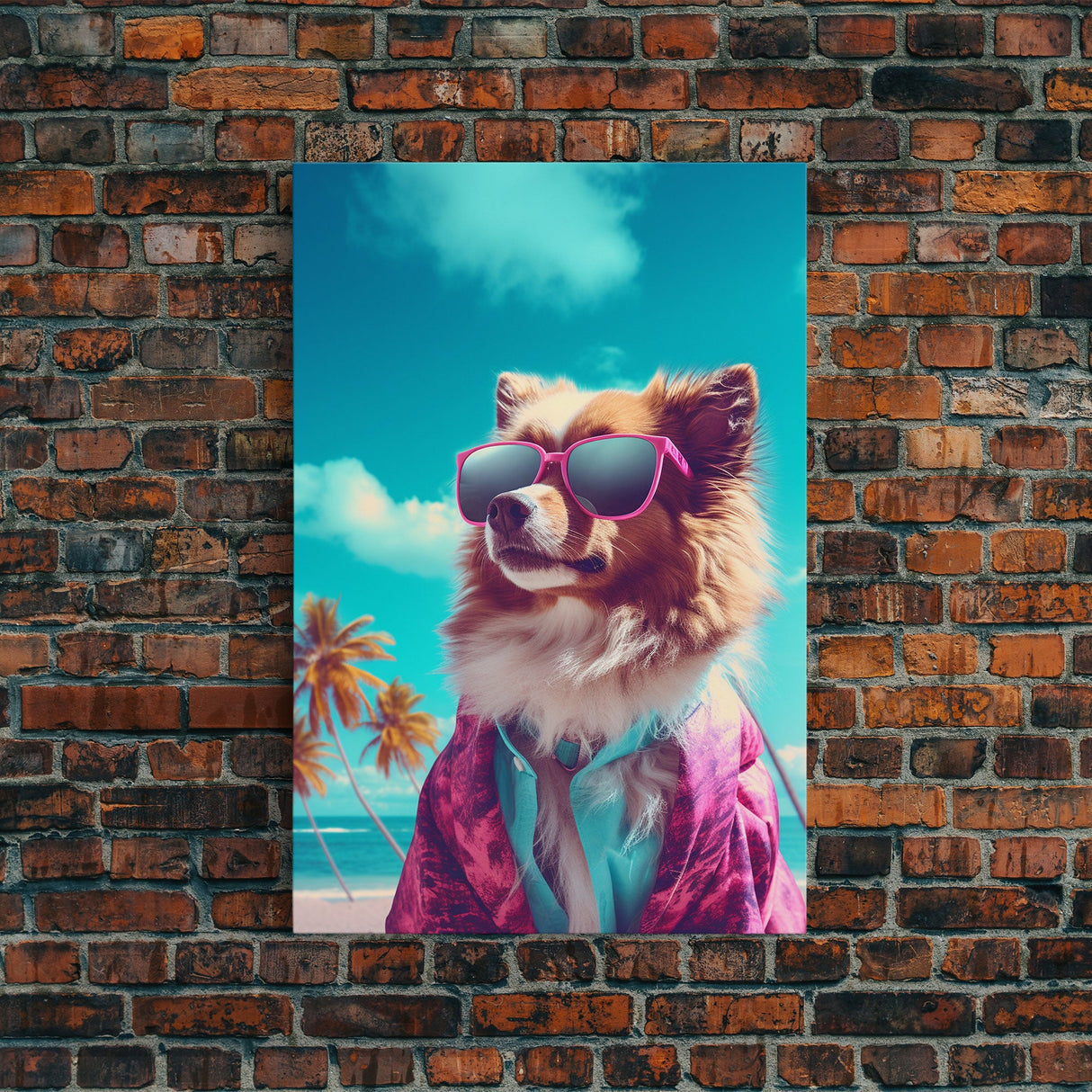 Pomeranian In Pink Shirt Sunglasses Wall Print, Beach Art, Dog Print, Dog Portrait, Framed Wall Art, Framed Canvas, Wall Print, Wall Canvas