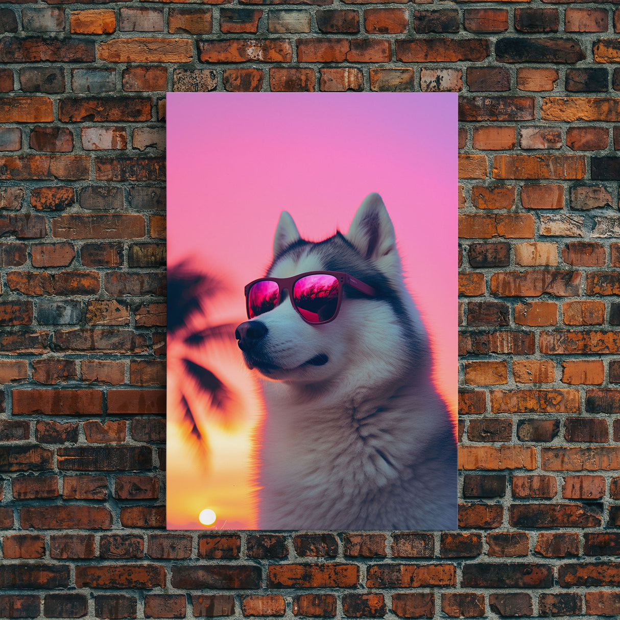 Siberian Husky In Pink Sunglasses Wall Print, Beach Art, Dog Print, Dog Portrait, Framed Wall Art, Framed Canvas, Wall Print, Wall Canvas