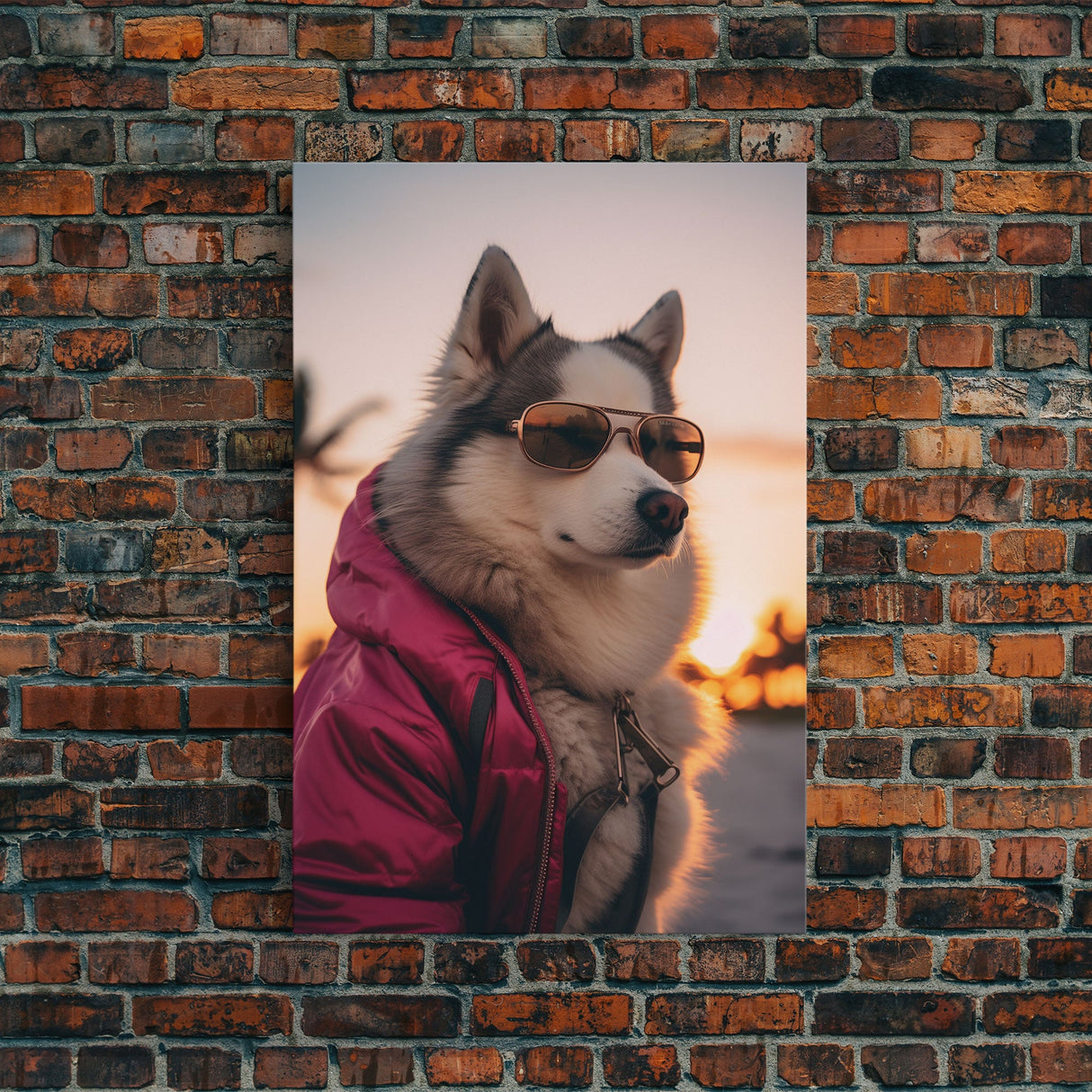 Siberian Husky In Pink Jacket Sunglasses Wall Print, Beach, Dog Print, Dog Portrait, Framed Wall Art, Framed Canvas, Wall Print, Wall Canvas