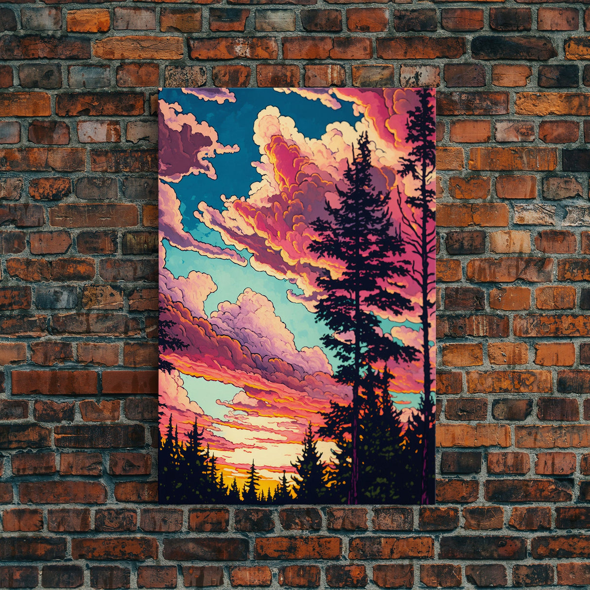 Pacific Northwest Forest Landscape Wall Art, Framed Canvas Print, Pink Cloudy Sunset Sky, Abstract Landscape Framed Art