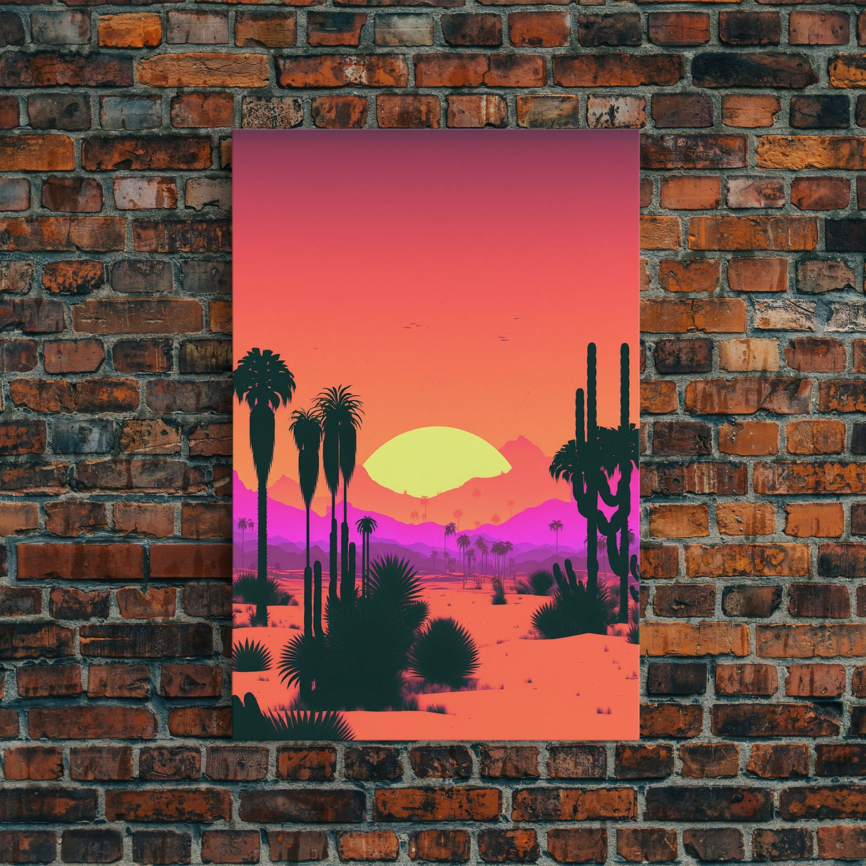 Retro Art Deco Style Minimalist Desert Landscape Print, Framed Canvas Art, Synthwave Style, Southwestern Decor, Western Art, Guest Room