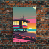 Synthwave Sunset Beach California Lifeguard Hut Framed Canvas Print, Retro Style, 80s Vibes, Turquoise Beach Art