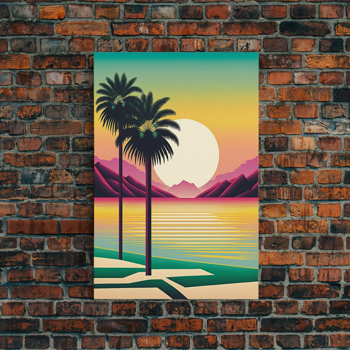 Framed Canvas Print - Art Deco Sunset Scene - Mountains, Palmtrees & Beaches - Retro Style Art - Living Room Decor