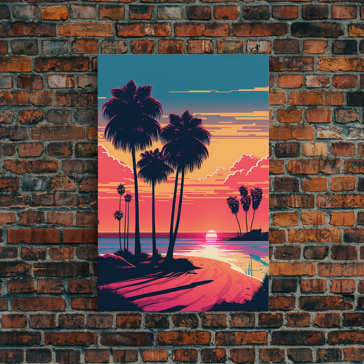 Framed Canvas Print - Art Deco Sunset, Beaches, Minimalist Palm Trees, Retro Synthwave, Vaporwave, 80s Vibes, Gamer Art, Bar Decor