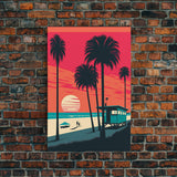 Retro Synthwave Art Deco Sunset Framed Canvas Print, Beaches, Palmtrees, Minimalist Style, Framed Art, Miami Art, California Decor