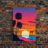 Framed Canvas Print - Art Deco Sunset, Beaches, Minimalist, Palmtrees, Retro Style, Synthwave, Vaporwave, 80s Style Decor, Palme Trees