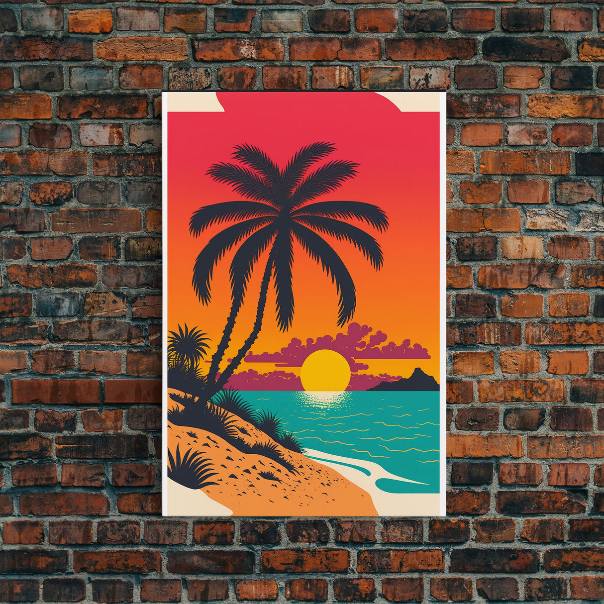 Framed Canvas Print - Art Deco Sunset, Beaches, Minimalist Palm trees - Island Vibes - Retro Tropical Art - Pop Art Beach Decor