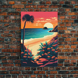 Framed Canvas Print | Art Deco Sunset, Beach, Palm Trees, Retro Style, Synthwave, Vaporwave, Island Vibes, Minimalist Beach Art