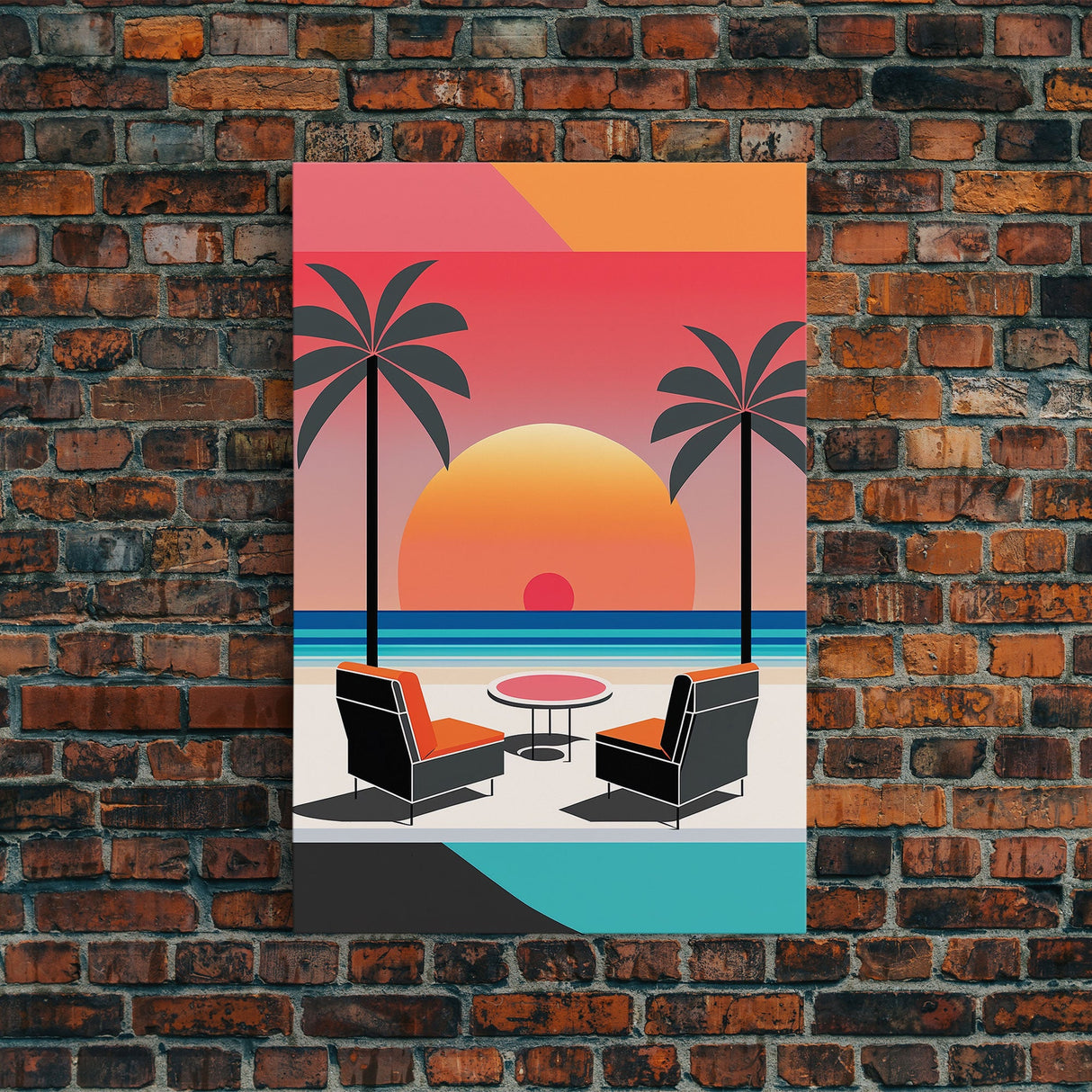 Framed Canvas Print - Art Deco Sunset, Minimalist Beach, Palm Trees, Retro Style, Synthwave, Vaporwave, Minimalist Abstract Decor