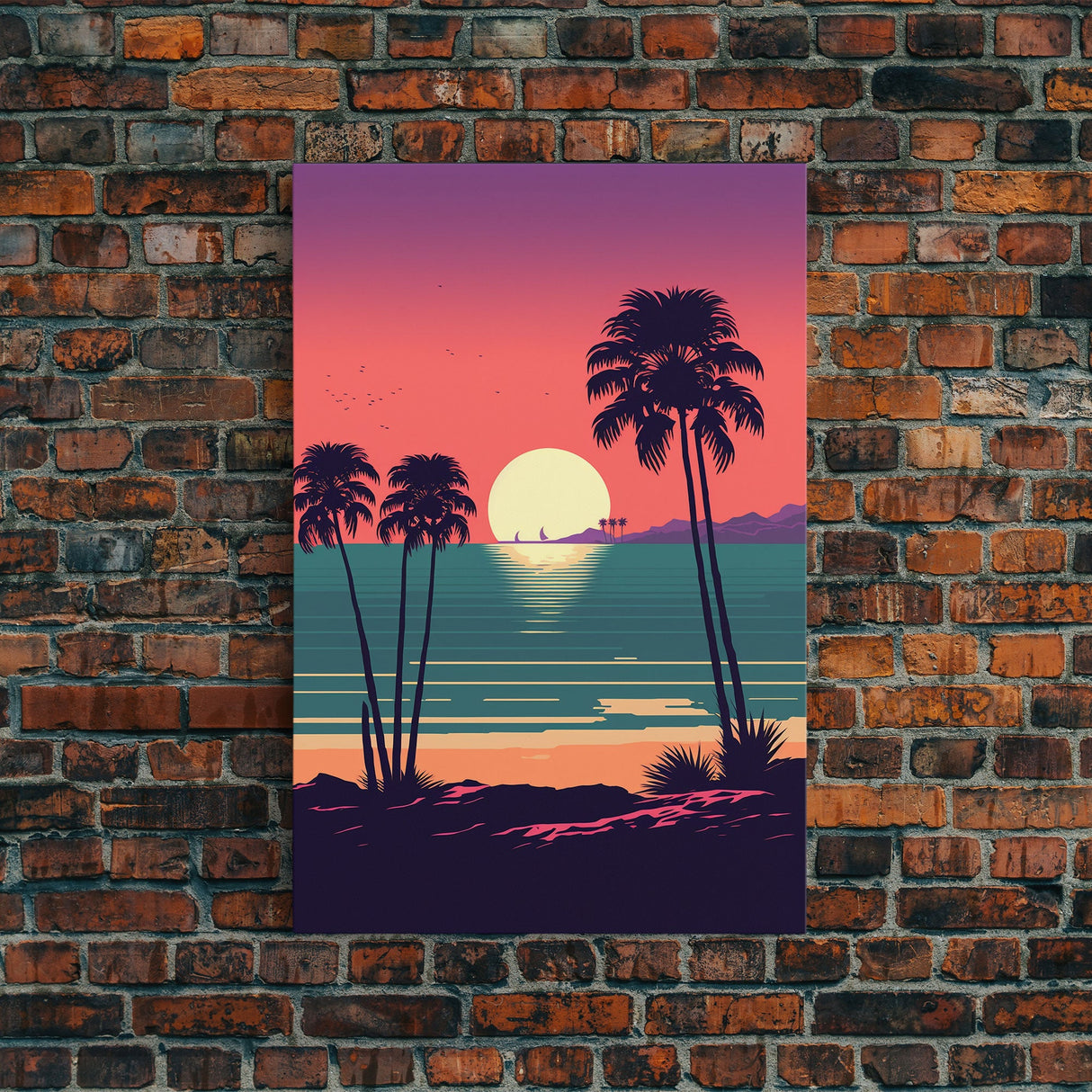 Framed Canvas Print - Art Deco Sunset, Palm Trees, Synthwave Vibes, Beach Decor, Vaporwave Pink Art, Miami Vibes