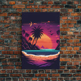 Framed Canvas Print - Pop Art Style Beach at Sunset with Palm Trees - Retro Style - Living Room / Office / Bedroom Wall Art