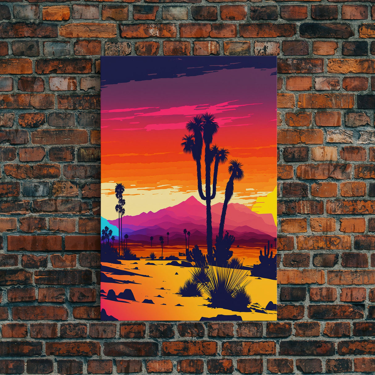 Retro Desert Art, Pop Art Style, Framed Canvas Print, Retrowave, Western Decor, Wild West Art, Cactus Prints