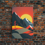 Orange Sky and Sunset over A Mountain Landscape, Framed Canvas Print, Minimalist Abstract Art